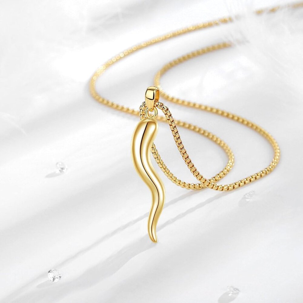S925 Sterling Silver Italian Horn Necklace For Women Men, Gold Cornicello Neckla View 3